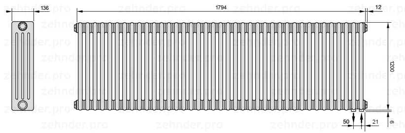 Схема (чертеж) Радиатор Zehnder Charleston 4120/39 №5510 Белый глянцевый RAL 9016